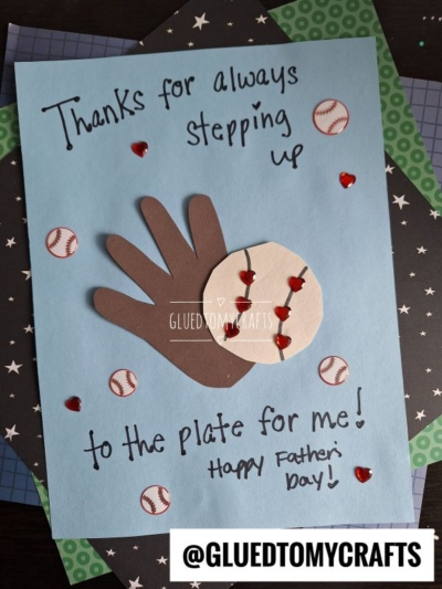HANDPRINT FATHER'S DAY card featuring a brown handprint as a baseball glove and a paper baseball, with “Thanks for always stepping up to the plate for me! Happy Father’s Day!” text and fun sticker decorations.