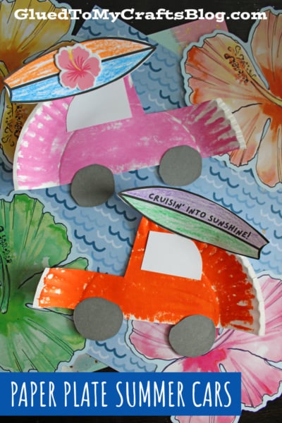 Two colorful paper plate cars, one pink and one orange, each with surfboards on top, are displayed on a background of watercolor flowers. The image promotes a summer craft project for kids.