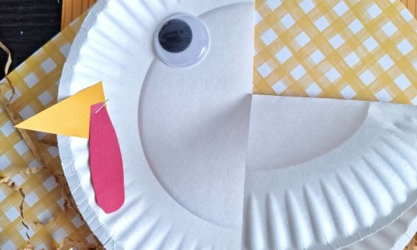 A paper plate is decorated to look like a chicken with red and yellow paper for the beak, wattle, and comb, a large googly eye, and is placed on yellow paper and shredded brown paper.