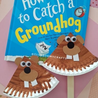 A childrens book titled How to Catch a Groundhog is displayed with two paper plate groundhog crafts, each featuring brown faces, googly eyes, and white teeth. The Instagram handle @GLUEDTOMYCRAFTS is at the bottom.