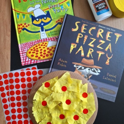 Two childrens books, Pete the Cat and the Perfect Pizza Party and Secret Pizza Party, are shown with a glue bottle, red dot stickers, a yellow craft, and a cardboard pizza art project. @GLUEDTOMYCRAFTS is at the bottom.
