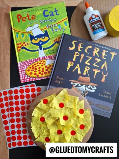 Two childrens books, Pete the Cat and the Perfect Pizza Party and Secret Pizza Party, are shown with a glue bottle, red dot stickers, a yellow craft, and a cardboard pizza art project. @GLUEDTOMYCRAFTS is at the bottom.