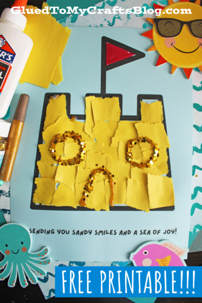 A kids craft featuring a sandcastle made of torn yellow paper and gold glitter on blue paper. Surrounded by craft supplies, a sun, octopus, and starfish illustrations, with text: FREE PRINTABLE!!! at the bottom.