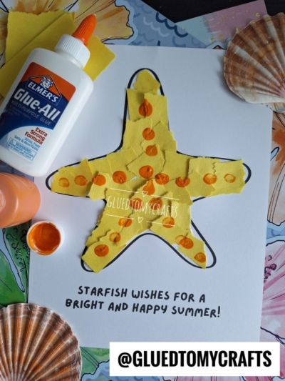 A childrens craft of a yellow starfish made from torn paper and orange paint dots on white paper, with a bottle of glue, orange paint, a brush, and seashells nearby. Text reads STARFISH WISHES FOR A BRIGHT AND HAPPY SUMMER!.