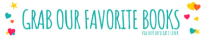 Text that says Grab our favorite books in large teal letters, surrounded by colorful heart and star illustrations, with smaller text below reading via our affiliate link—perfect for fans of glued to my crafts.