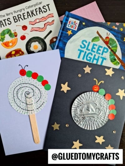 Books and handmade cards inspired by The Very Hungry Caterpillar, featuring a delightful HUNGRY CATERPILLAR CRAFT made with colored dots, cupcake liners, craft sticks, and gold star stickers; @gluedtomycrafts watermark at bottom.