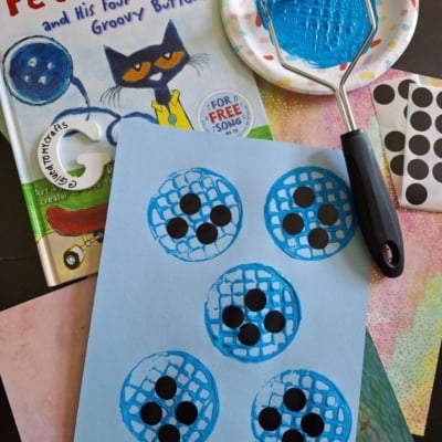 A Pete the Cat book, a potato masher stamped craft using blue paint and black dot stickers for button holes, plus a plate with paint. The Instagram handle @GLUEDTOMYCRAFTS is at the bottom.