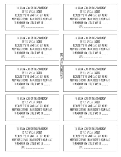 Printable sheet with twelve identical cards, each containing a short poem about a straw heart on a scarecrow, with a blank space at the end of each for customization. Black text on a white background.