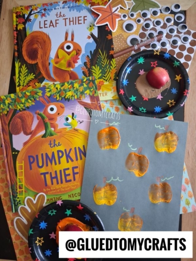Children’s books “The Leaf Thief” and “The Pumpkin Thief,” pumpkin and leaf crafts with paint and stickers, an apple stamped craft plate with painted details, googly eyes, and a watermark reading @GLUEDTOMYCRAFTS.