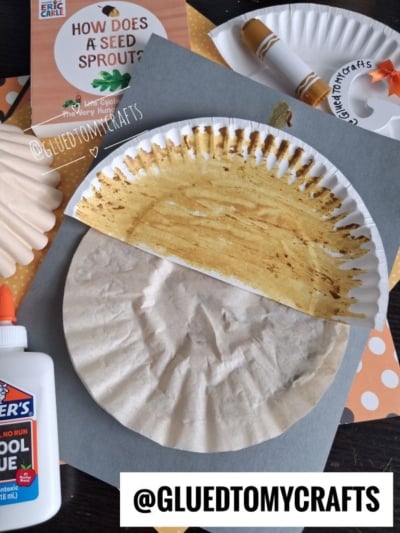 A paper plate is colored brown on top and a coffee filter is attached below, resembling soil. Markers, glue, and craft supplies are nearby. A card asks, How does a seed sprout? Username @GLUEDTOMYCRAFTS appears.