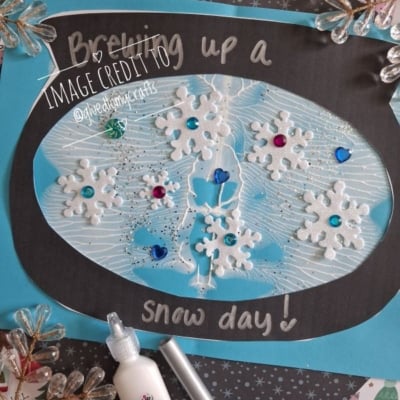 A handmade card featuring a black silhouette of a snowman inside a light blue oval, decorated with white glittery snowflakes, colorful rhinestones, and the text Brewing up a snow day!.