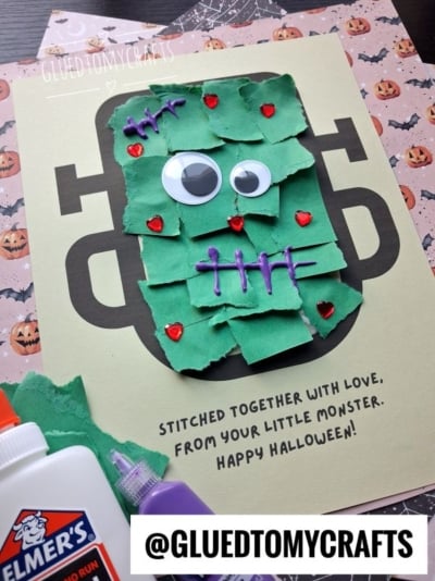 Handmade Frankenstein card featuring a collage of green paper squares, googly eyes, and heart gems, with the text Stitched together with love, from your little monster. Happy Halloween!.